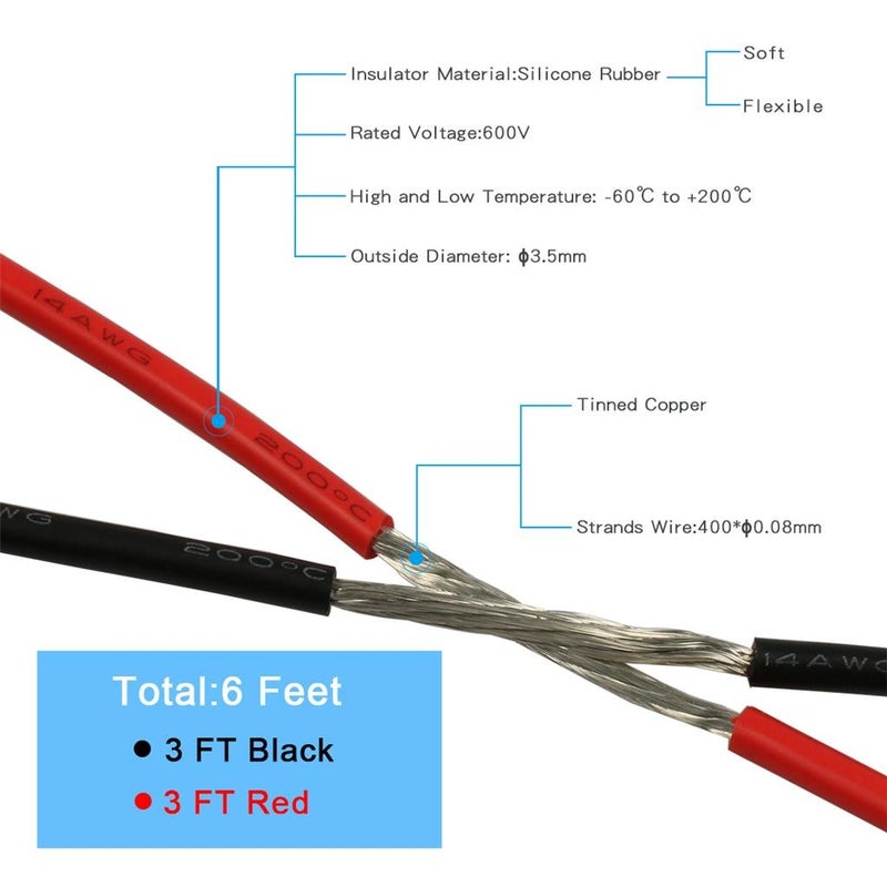 BNTECHGO سلك سيليكون BNTECHGO 14 قياس 3 قدم أحمر و3 قدم أسود مرن 14 AWG نحاس معزول مشبك - Image 4